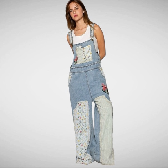 POL Denim - POL Denim Floral Patchwork Embroidered Overalls Medium Boho Wide Leg NWOT